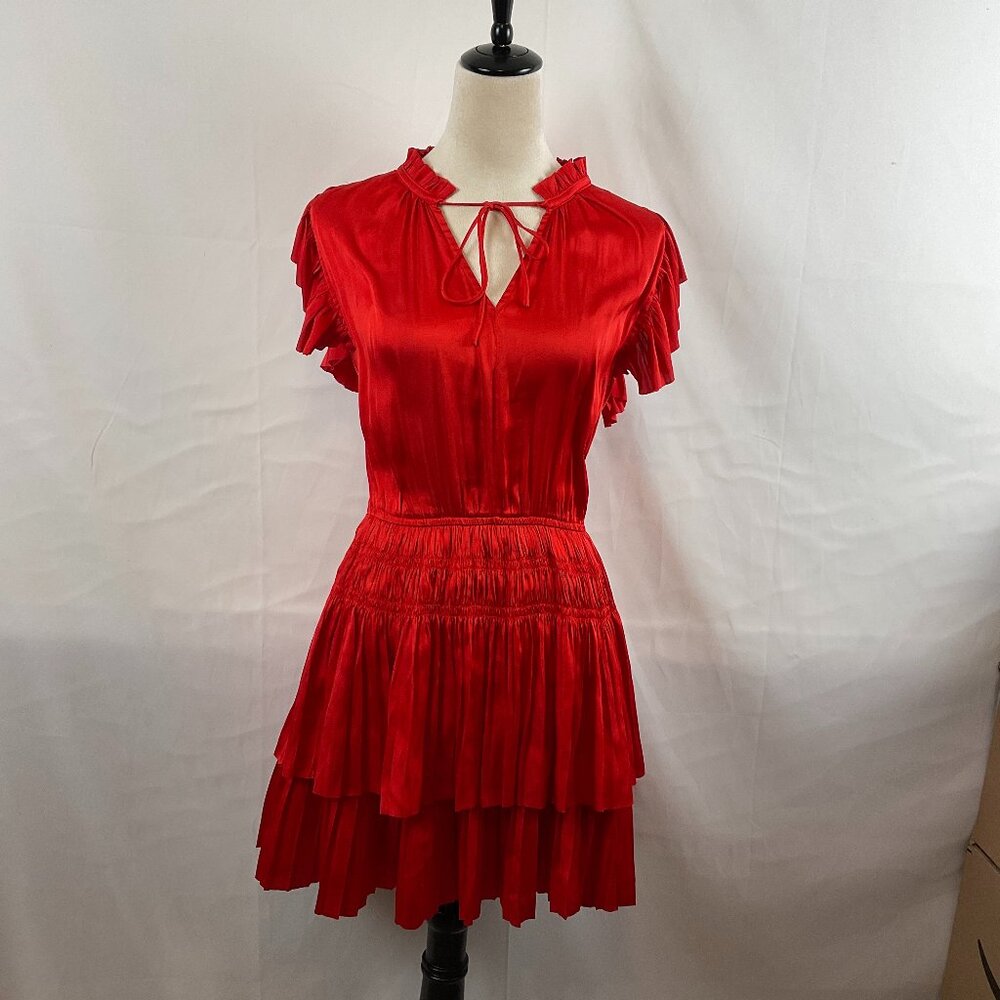 Reset Dress M Red Ruffle Details Tie Pleated Tiered Skirt Gathered Waist